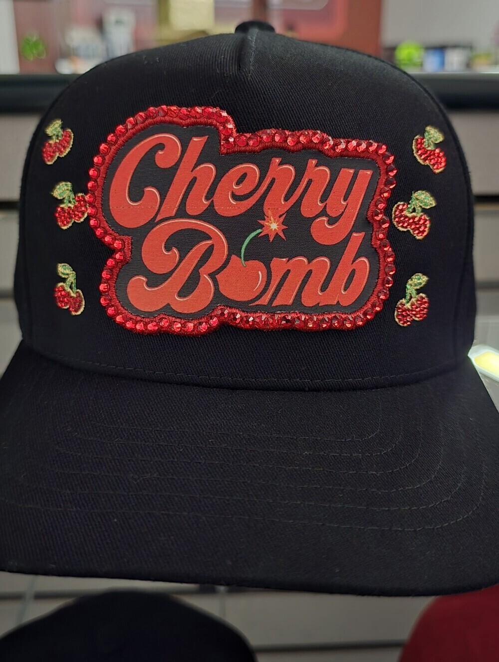 black Baseball hat rhinestone embellished "Cherry Bomb" patch OS New